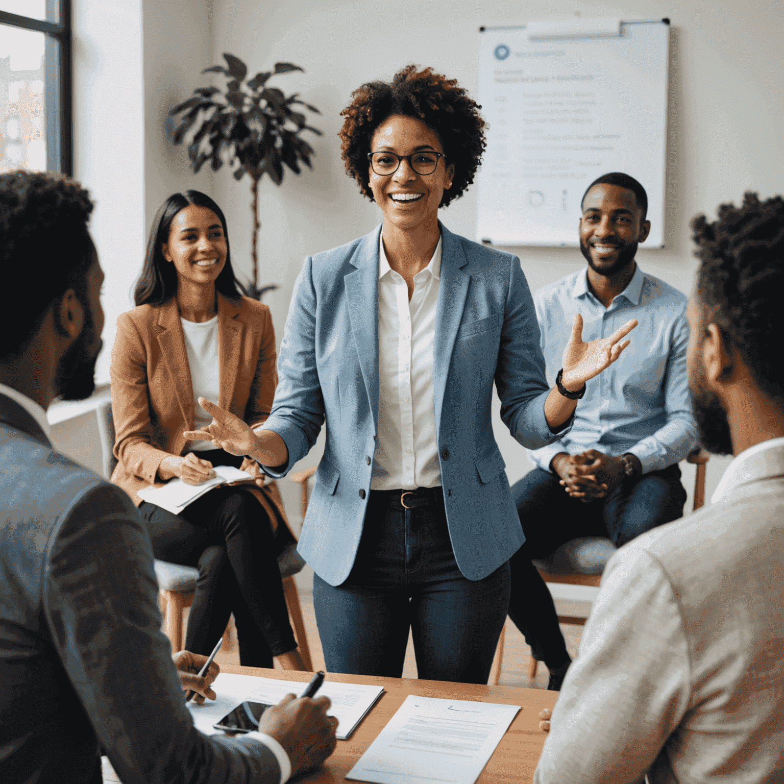 A diverse group of people engaged in an interactive voice training session, with a confident speaker at the front using gestures to emphasize their point