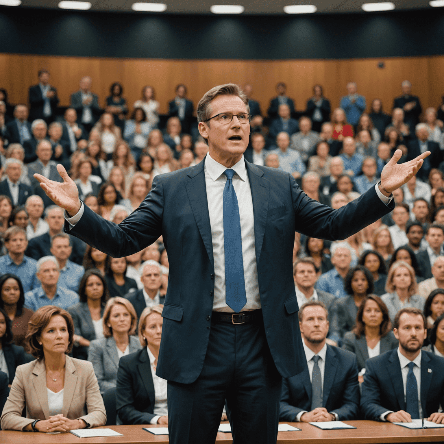 A confident leader addressing a large audience, demonstrating powerful body language and engaging gestures