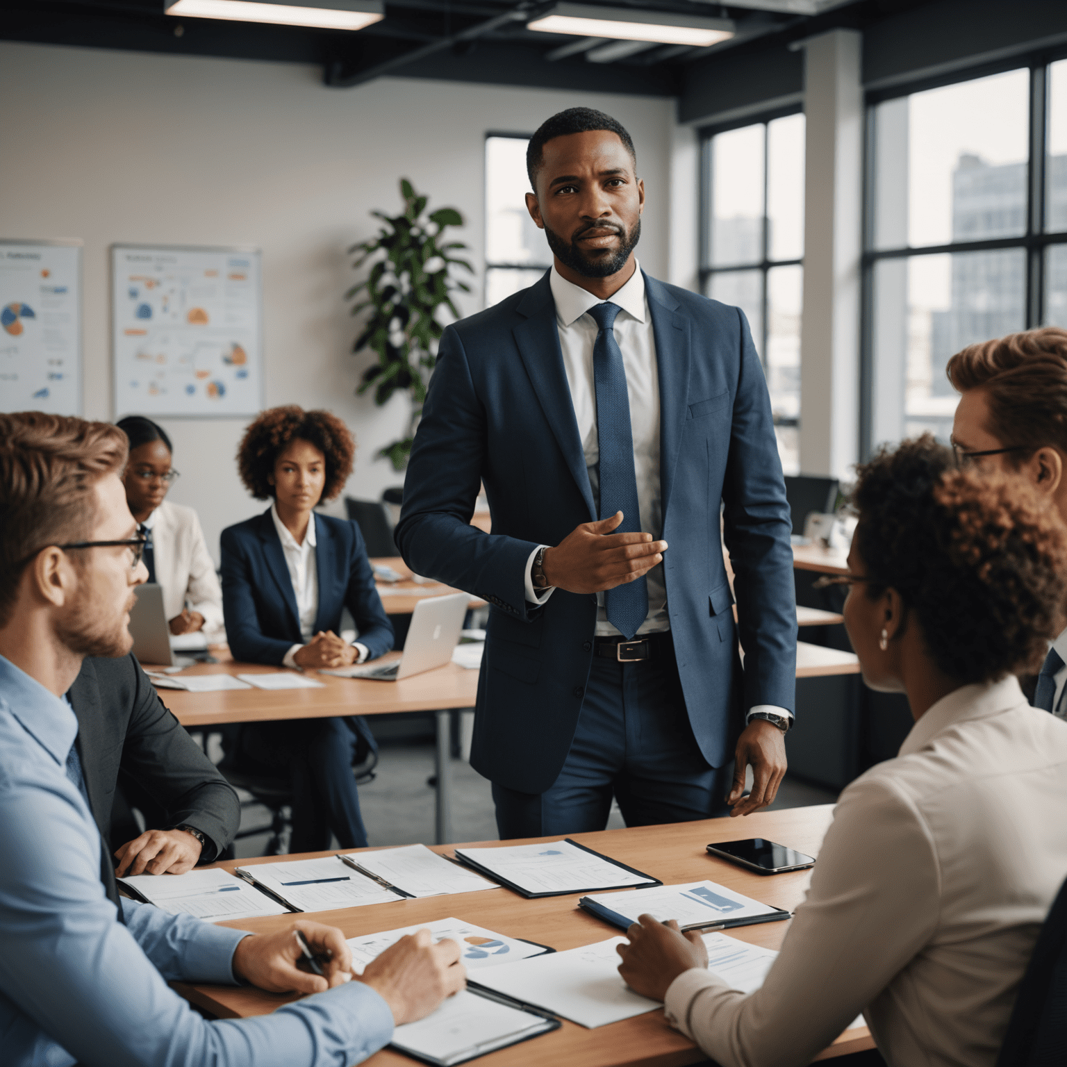 A confident leader speaking to a diverse group of attentive team members in a modern office setting, demonstrating powerful body language and engaging eye contact
