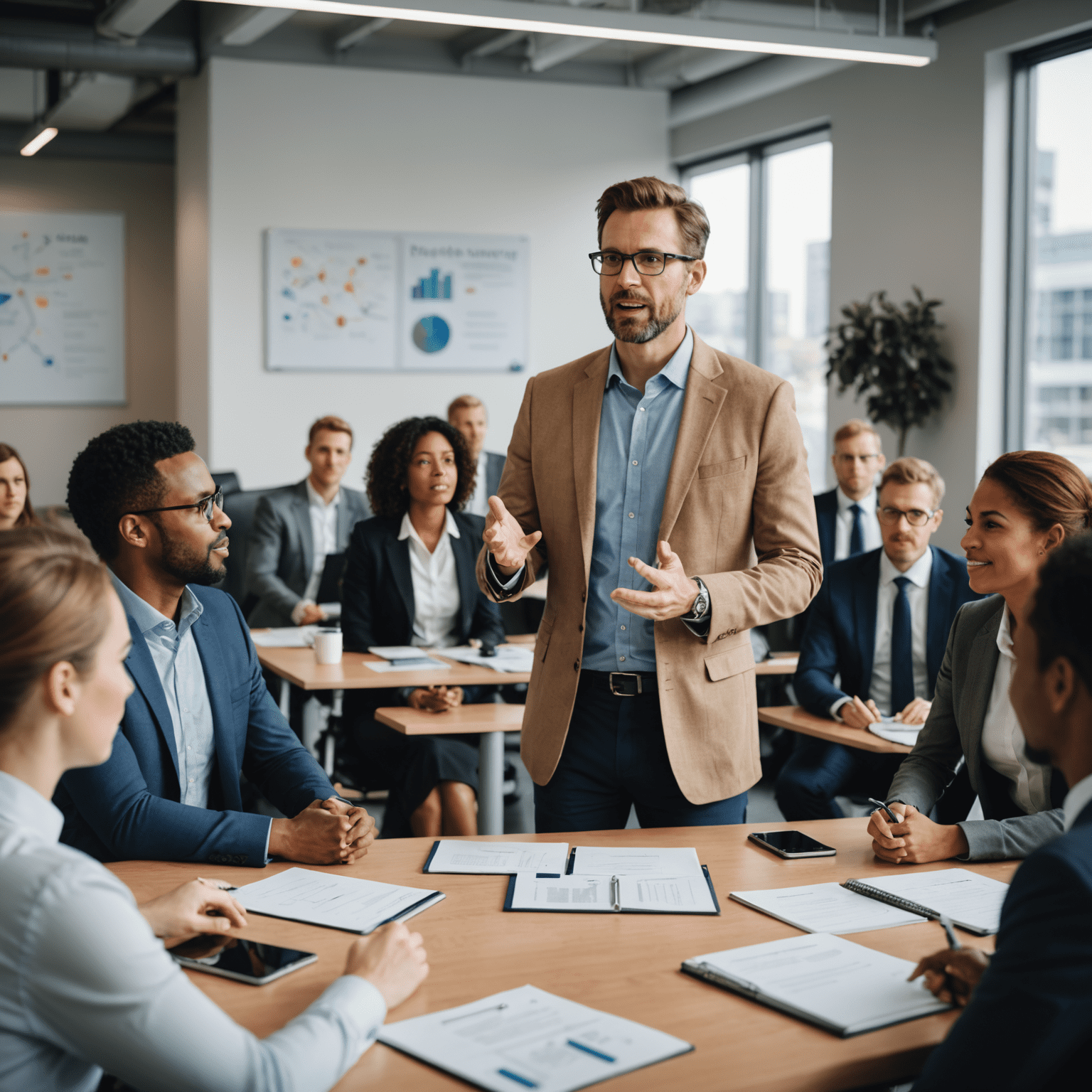 A confident leader speaking passionately to a diverse group of engaged team members in a modern, vibrant office setting. The speaker's posture exudes authority while the audience shows clear signs of inspiration and attentiveness.
