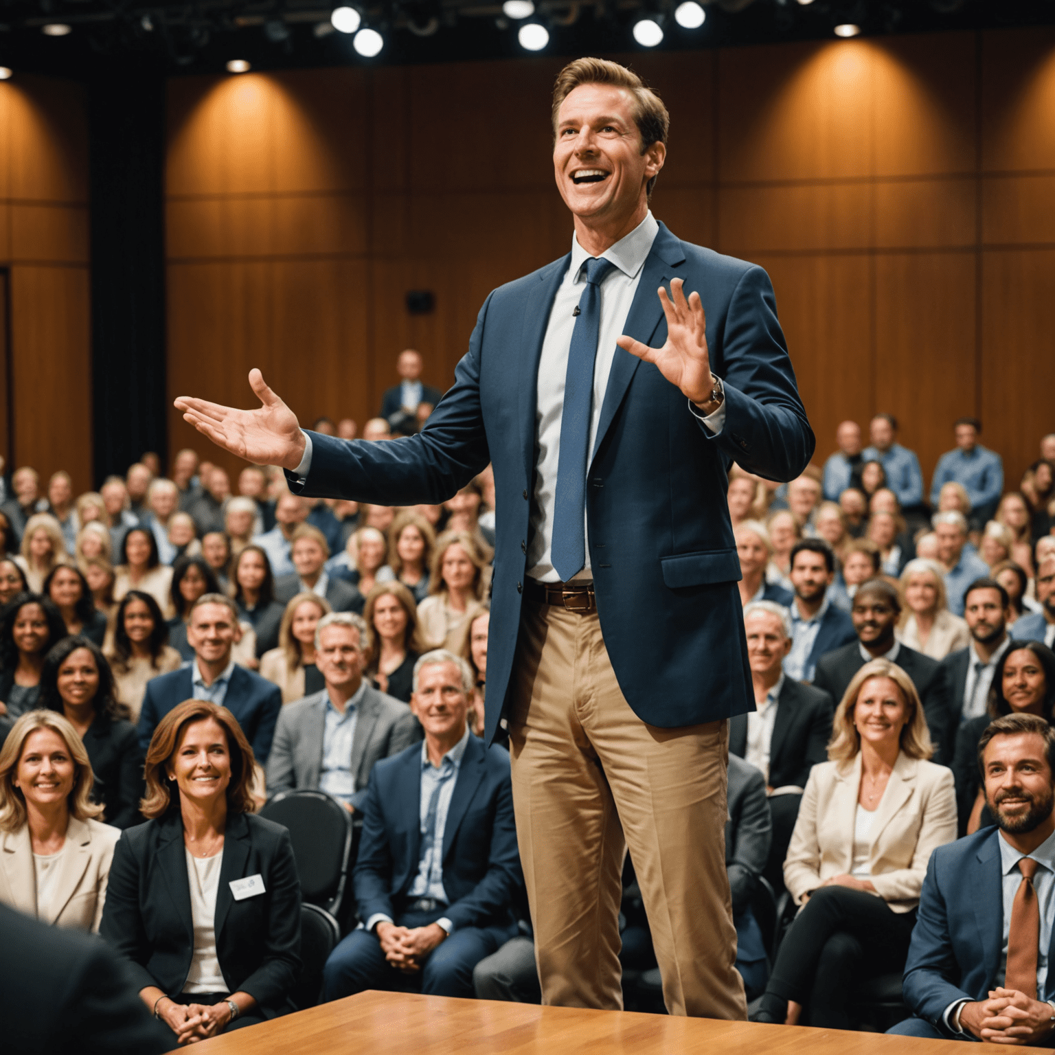A confident speaker addressing a large audience, standing tall on a stage with dynamic gestures and a warm smile. The audience appears engaged and attentive.