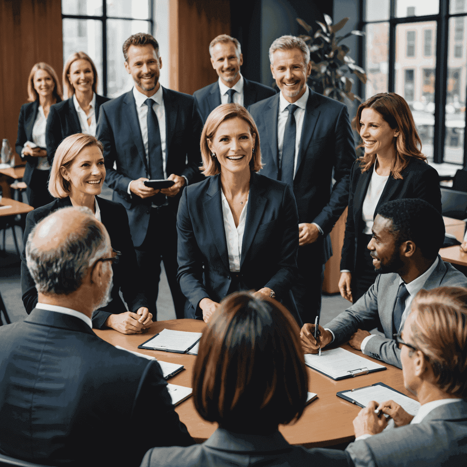 A diverse group of business professionals engaged in a lively discussion, with an Australian speaker confidently addressing the group. The image showcases the power of the Australian accent in a global business setting.