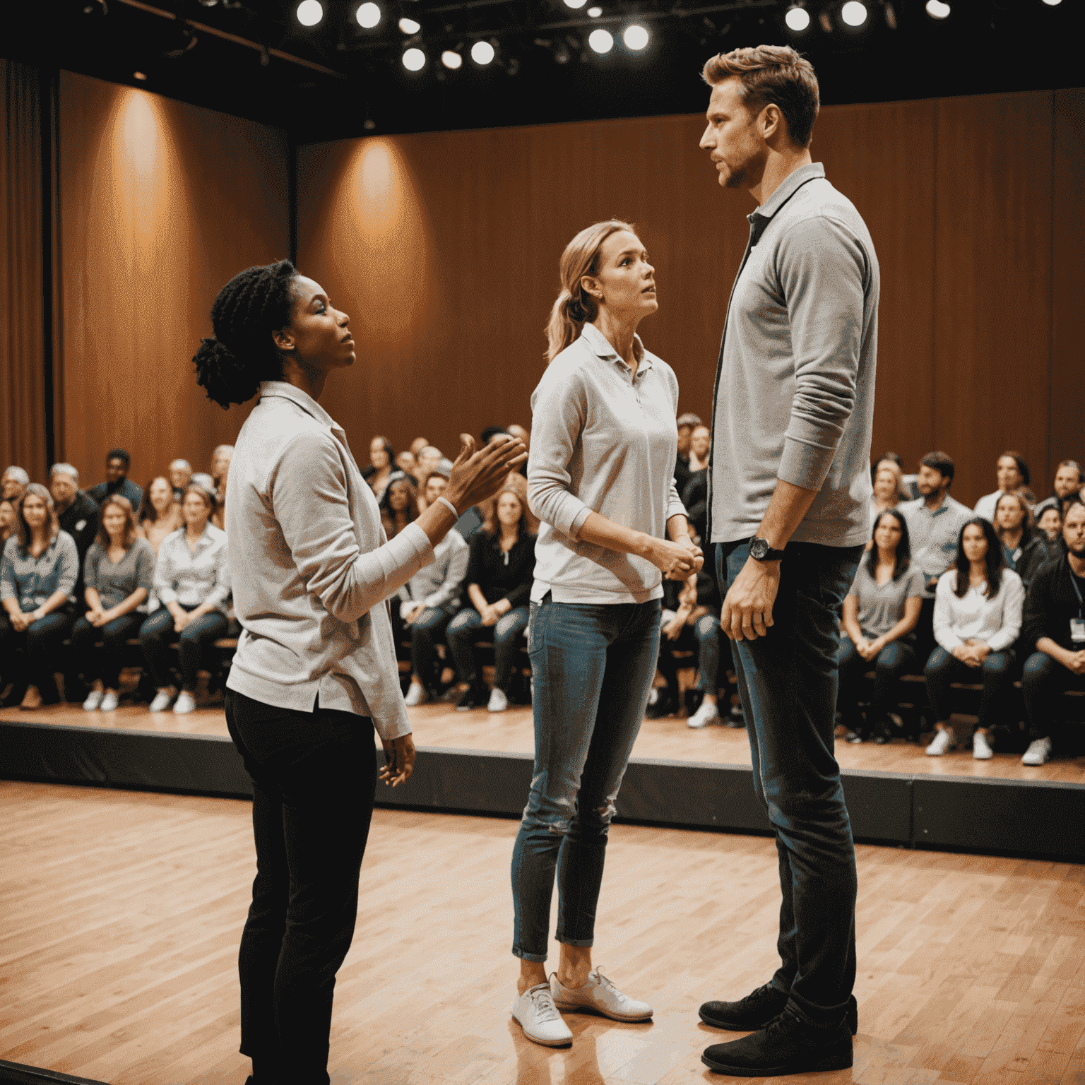 A person taking deep breaths and using positive visualization techniques before stepping onto a stage, with a supportive coach nearby