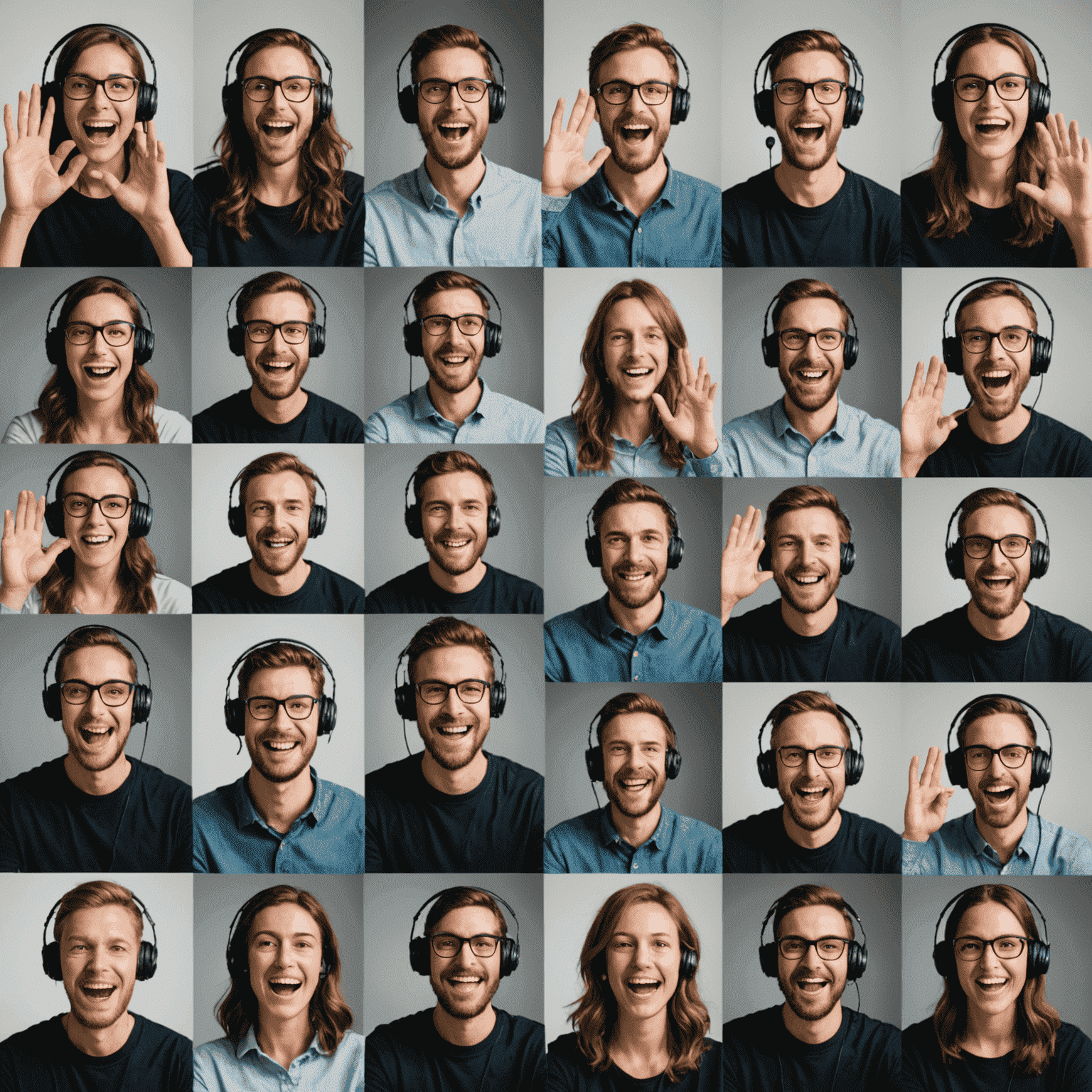 A grid of webcam views showing different speakers using expressive hand gestures and facial expressions to engage their virtual audience