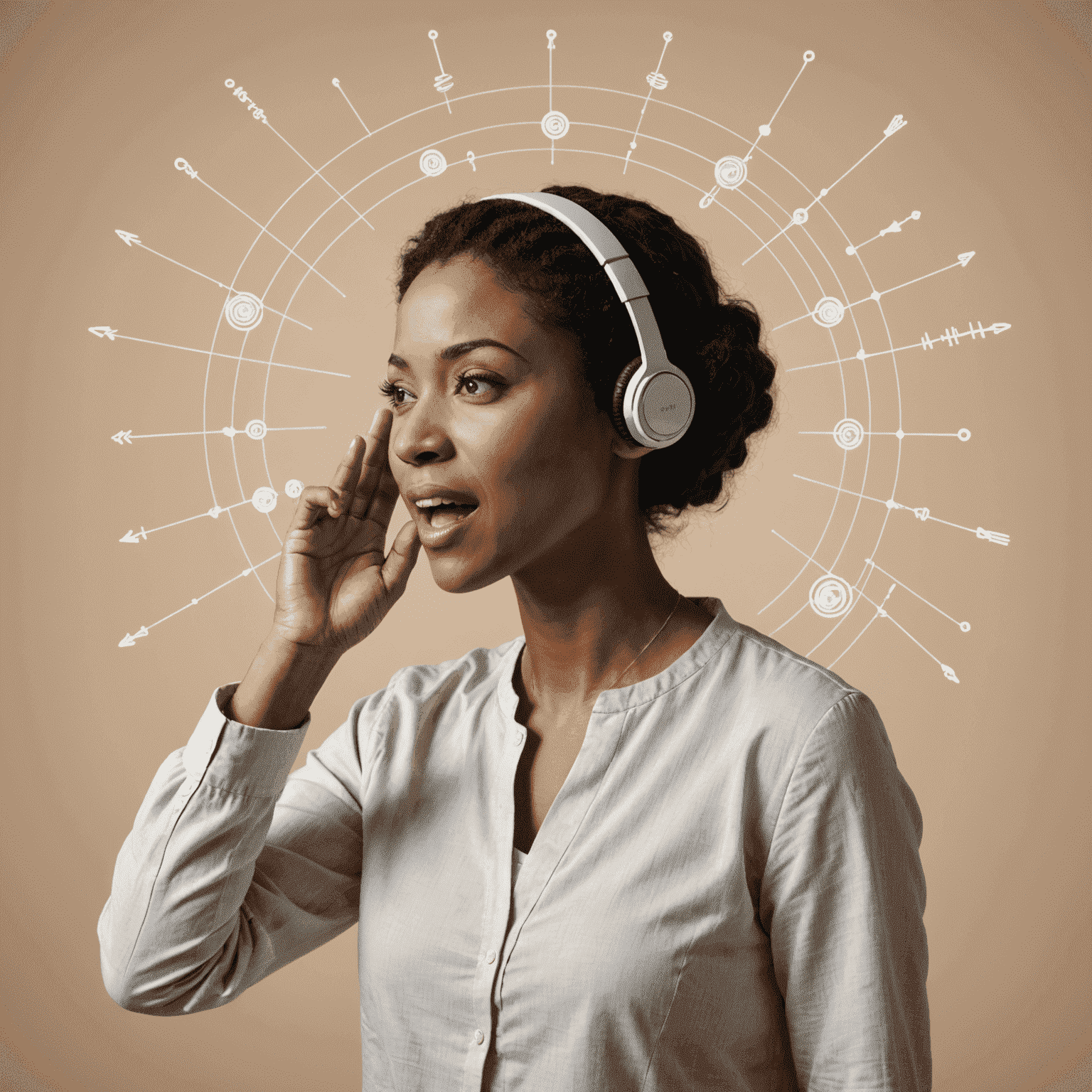 A speaker using various hand gestures to emphasize different vocal techniques, with sound waves visualized around them