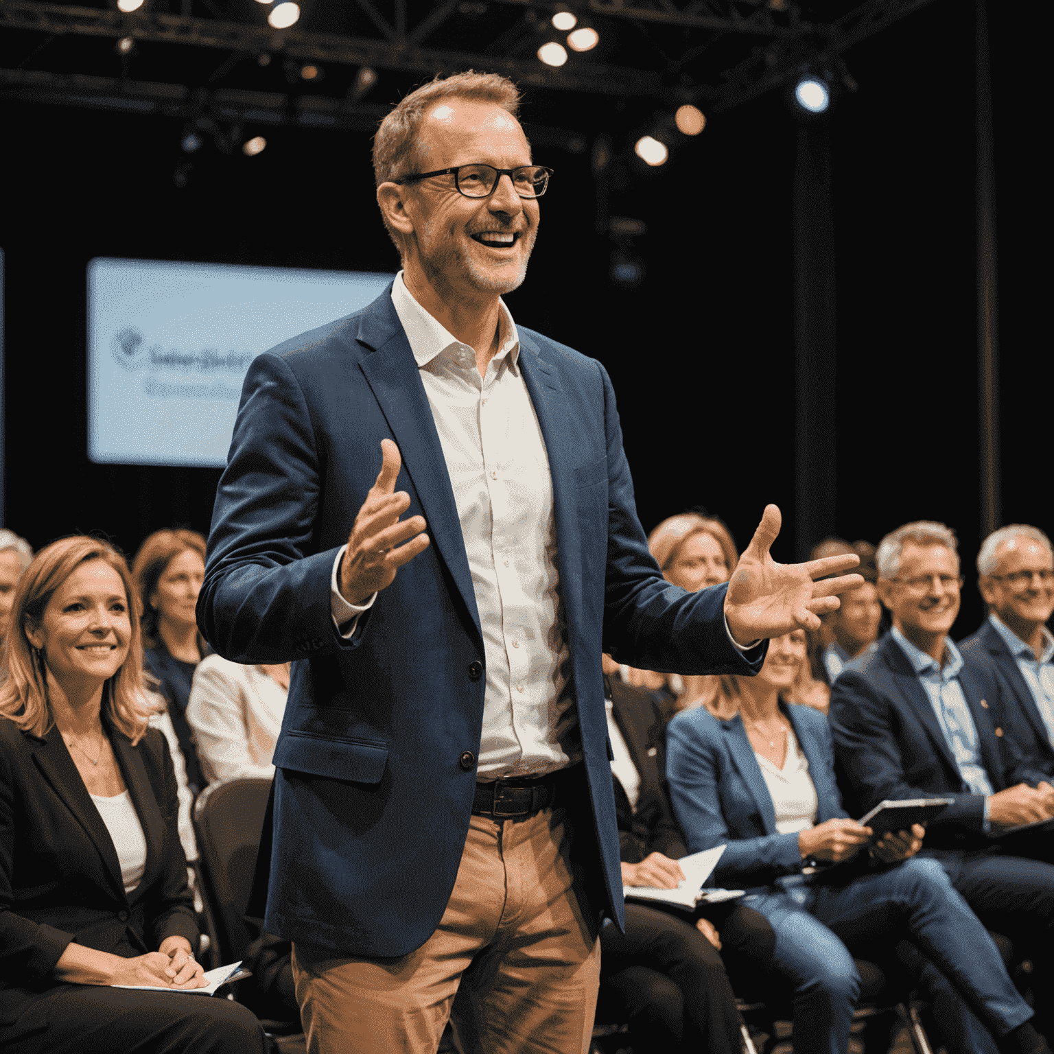 A confident Australian speaker on stage at an international conference, captivating the audience with dynamic gestures and a warm smile.