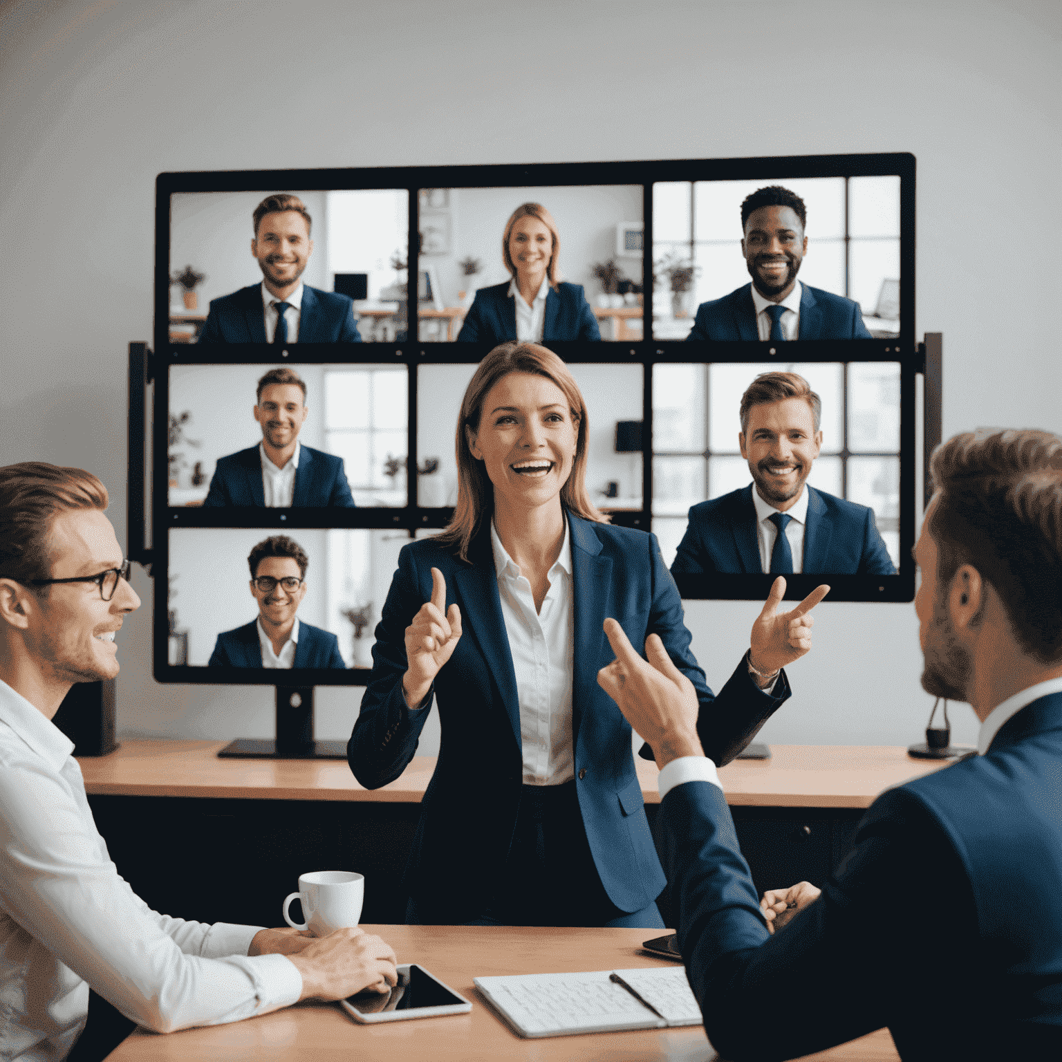 A professional speaker engaging with a virtual audience through multiple screens, using gestures and facial expressions effectively