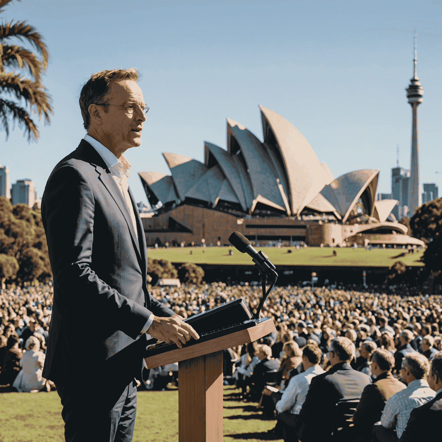 An Australian speaker confidently addressing a diverse international audience, with iconic Australian landmarks in the background